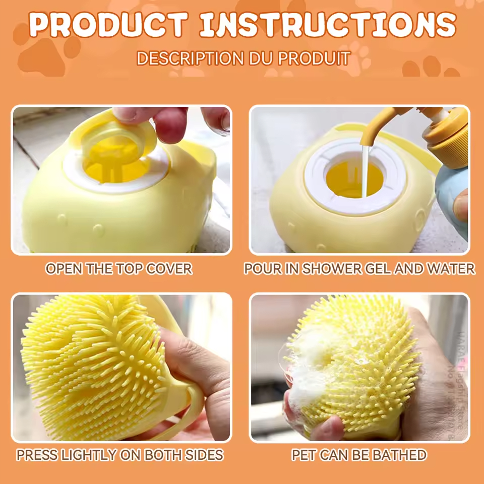 Dog Bath Brush with Built-in Shampoo Dispenser – Silicone Grooming Tool